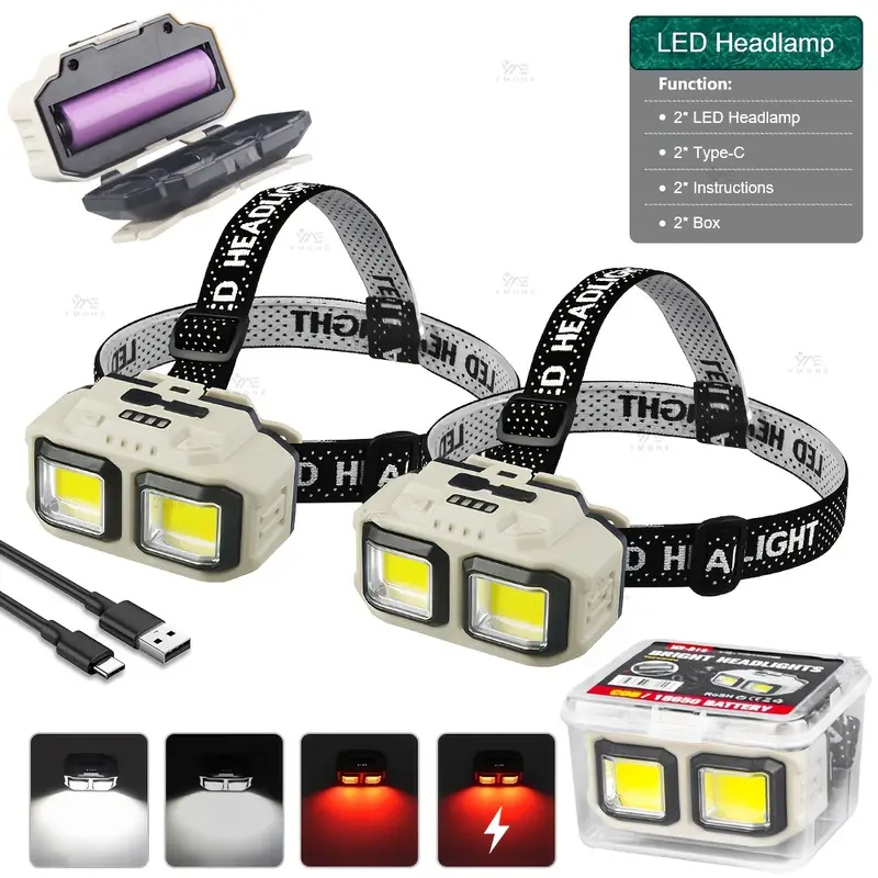 Headlamp - Latarka czołowa LED COB, ładowalna, wodoodporna,